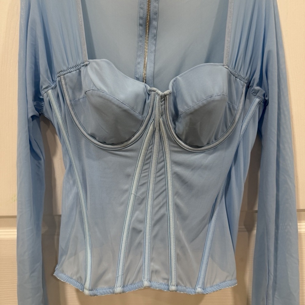 Women's Shades Of Blonde Blue Corset Long‎ Sleeve Baby Blue Top Sheer 1XL - Picture 2 of 9